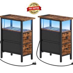 Slim Bedside Table with Charging Station, Narrow Side Table with LED Lights and 2 Fabric Drawers, Nightstand for Small Space, Bedroom, Living Room, Rustic Brown and Black