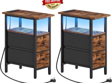 Slim Bedside Table with Charging Station, Narrow Side Table with LED Lights and 2 Fabric Drawers, Nightstand for Small Space, Bedroom, Living Room, Rustic Brown and Black