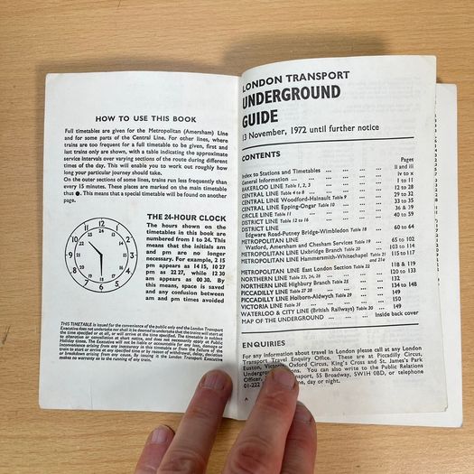 1972 London Transport Underground Guide Timetable with Tube Map
