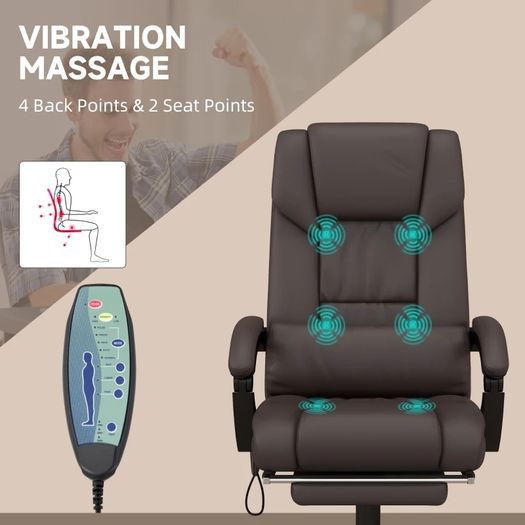 6-Point Massage Office Chair, PU Leather Desk Chair with Adjustable Height and Footrest for Home Office, Brown