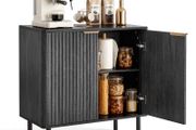 Coffee Bar Cabinet, Mid Century Fluted Coffee Bar Table with 2-Tier Storage, Buffet Stand Cabinet with Barn Door, Sideboard Buffet Station for Living Room, Entryway, 80 x 37.5 x 80 cm Walnut