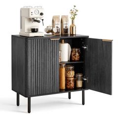 Coffee Bar Cabinet, Mid Century Fluted Coffee Bar Table with 2-Tier Storage, Buffet Stand Cabinet with Barn Door, Sideboard Buffet Station for Living Room, Entryway, 80 x 37.5 x 80 cm Walnut