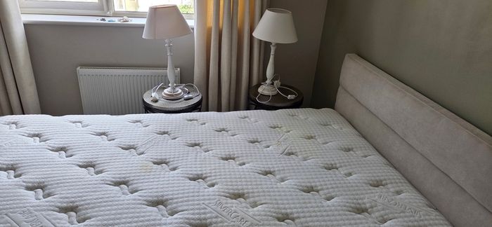 King size bed + headboard + mattress + bedside tables + lamps