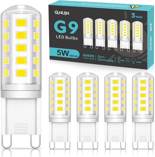 G9 Led Bulbs Cool White, 5W, 500LM, 6000K, Equivalent to 50W Halogen, Non-Dimmable Energy Saving Light Bulb for Home Lighting Decor, Chandelier, Wall Light, Crystal Lamp-5 Packs [Energy Class E]