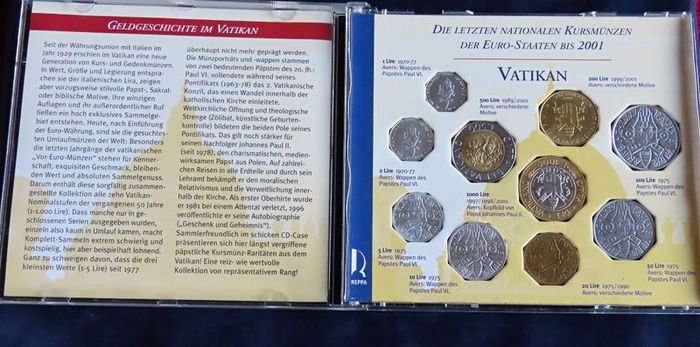 Vatican 10 coins set in CD case. Pope John Paul II 1000 & 500 Lire