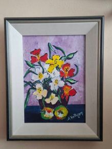 Lovely Original Oil Painting still life Flowers & Apples