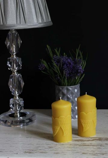 Pure beeswax candle with hearts. Valentines day gift.