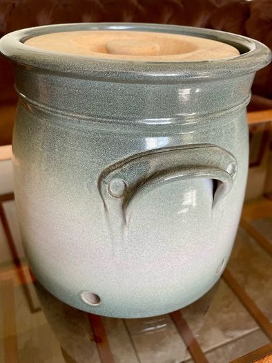 Handcrafted Kiltrea Bridge Pottery Stoneware Onion Crock Smooth Sage Green Glaze Embossed Onion Crock