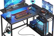 106.5CM L-Shaped Gaming Desk with RGB LED Lights Carbon Fibre Surface, 3 Power Outlets &amp; 2 USB Ports, Reversible Corner Desk with Shelves &amp; Hooks for Home Office &amp; Small Spaces