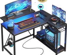 106.5CM L-Shaped Gaming Desk with RGB LED Lights Carbon Fibre Surface, 3 Power Outlets & 2 USB Ports, Reversible Corner Desk with Shelves & Hooks for Home Office & Small Spaces