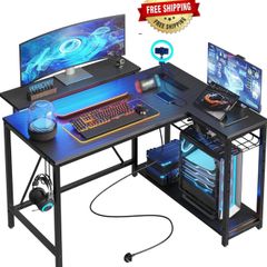 106.5CM L-Shaped Gaming Desk with RGB LED Lights Carbon Fibre Surface, 3 Power Outlets & 2 USB Ports, Reversible Corner Desk with Shelves & Hooks for Home Office & Small Spaces