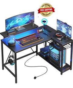 106.5CM L-Shaped Gaming Desk with RGB LED Lights Carbon Fibre Surface, 3 Power Outlets & 2 USB Ports, Reversible Corner Desk with Shelves & Hooks for Home Office & Small Spaces