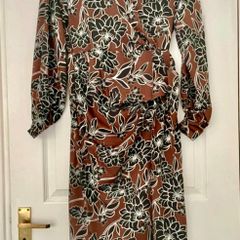 F&F Brown Faux Wrap Dress with Black Flowers- Size 10
