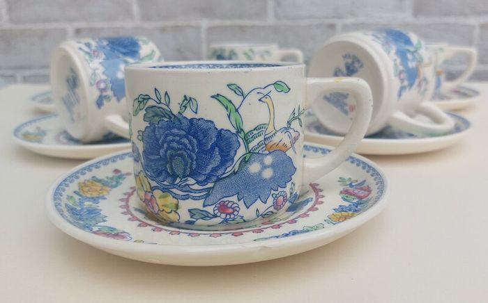 Beautiful and Rare Masons Patent Ironstone Set of Six Straight Sided Coffee/Tea Cup and Saucer Duos in the Regency Pattern, Circa 1950