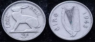 [#871] - Ireland 1943 | Irish 3d | 3 Pence | Hare | KM.12