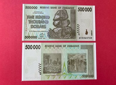 Zimbabwe  500 Thousand Dollars   VERIFIED  UNDER UV  LIGHT . 2008  ( Uncirculated ) Pick 76a