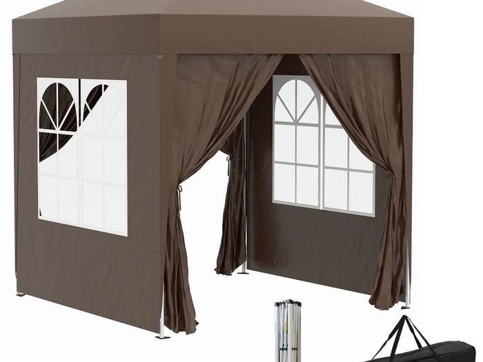 2 x 2 m Garden Pop Up Gazebo, Wedding Party Tent Marquee, Water Resistant Awning Canopy with Sidewalls. Windows, Carry Bag, Coffee