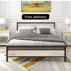 5ft King Bed Frame with Wooden Headboard,Heavy Duty Metal Platform Bed Frame King Bed Base No Box Spring Needed,Metal Slats Support Underbed Storage Space,OAK,150x200cm