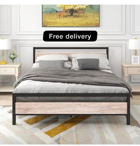 5ft King Bed Frame with Wooden Headboard,Heavy Duty Metal Platform Bed Frame King Bed Base No Box Spring Needed,Metal Slats Support Underbed Storage Space,OAK,150x200cm