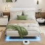 King Floating Bed Frame with LED Lights and Charging Station, Metal Platform Bed Frame King Size with Upholstered Headboard, No Box Spring Needed, White Image 6