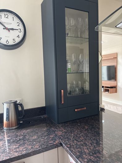 kitchen units from in-house panelling centre in alderley cashmere and navy blue