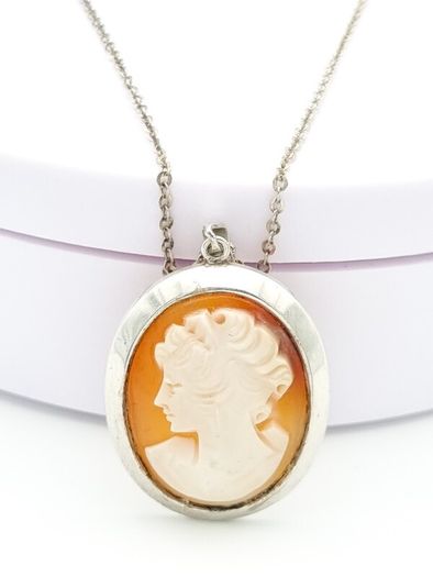 Lady Cameo Carved Shell Sterling Silver Necklace