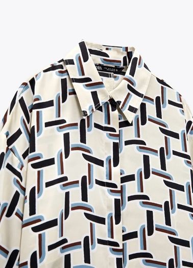 Fab Zara Limited Edition Ecru Satin Geometric Print Blouse