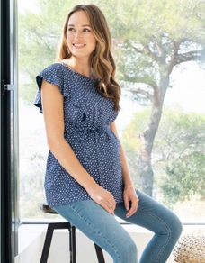 Seraphine Blue Dot Flutter Sleeve Maternity & Nursing Top