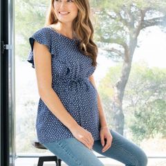 Seraphine Blue Dot Flutter Sleeve Maternity & Nursing Top