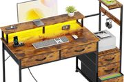 120cm Computer Desk with 5 Fabric Drawers, Reversible Home Office Desk with Printer Cabinet, Writing Desk with Monitor Stand &amp; Power Outlets, Study Table with LED Light, Rustic Brown