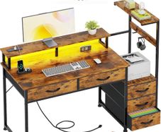 120cm Computer Desk with 5 Fabric Drawers, Reversible Home Office Desk with Printer Cabinet, Writing Desk with Monitor Stand & Power Outlets, Study Table with LED Light, Rustic Brown