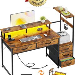 120cm Computer Desk with 5 Fabric Drawers, Reversible Home Office Desk with Printer Cabinet, Writing Desk with Monitor Stand & Power Outlets, Study Table with LED Light, Rustic Brown