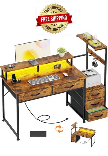 120cm Computer Desk with 5 Fabric Drawers, Reversible Home Office Desk with Printer Cabinet, Writing Desk with Monitor Stand & Power Outlets, Study Table with LED Light, Rustic Brown