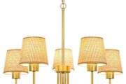 Gold Chandelier Lighting Living Room,5 Lights Metal Pendant Light Fixtures with Handmade Rattan Shade,Farmhouse Chandeliers Ceiling Light for Kitchen Island Dining Room Bedroom Hall,Height Adjustment