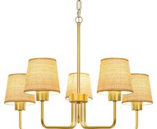 Gold Chandelier Lighting Living Room,5 Lights Metal Pendant Light Fixtures with Handmade Rattan Shade,Farmhouse Chandeliers Ceiling Light for Kitchen Island Dining Room Bedroom Hall,Height Adjustment