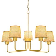 Gold Chandelier Lighting Living Room,5 Lights Metal Pendant Light Fixtures with Handmade Rattan Shade,Farmhouse Chandeliers Ceiling Light for Kitchen Island Dining Room Bedroom Hall,Height Adjustment