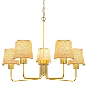 Gold Chandelier Lighting Living Room,5 Lights Metal Pendant Light Fixtures with Handmade Rattan Shade,Farmhouse Chandeliers Ceiling Light for Kitchen Island Dining Room Bedroom Hall,Height Adjustment