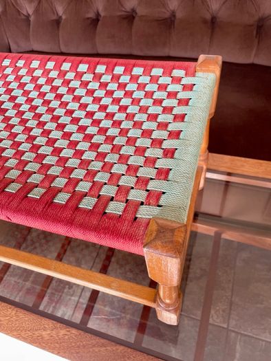 Rare Vintage Long Sugan Style Ottoman Stool Bench Woven with Red Green Cotton Rope