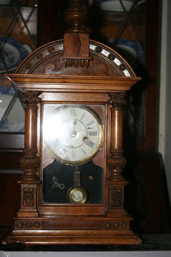Antique Wood Carved P.H. S. 1800s Mantel Clock (in working order -  the clock doesn't ring) 21,5" x 11"