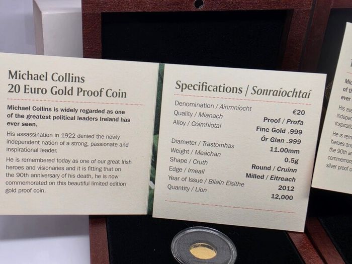 Ireland 2012 Silver and Gold Proof Coin Set Michael Collins 1890-1922 Commemorative Coins in Original Holder with COA