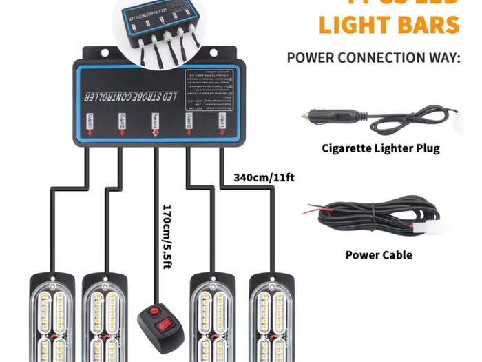 4-in-1 LED Light Bar with Main Control - 4 x 24 LEDs, Grille Surface Mount,