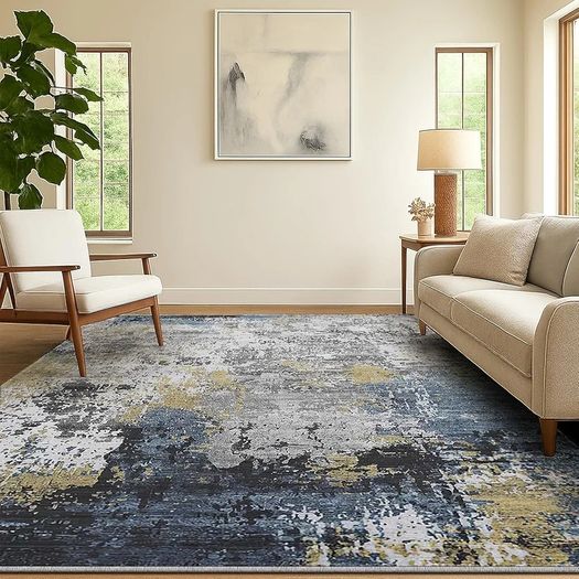 Living Room Rug  Modern Abstract Low Pile Area Carpet Non Slip Washable Mat for Bedroom Hallway Kitchen Laundry  Entryway Utility Beside Sofa Office Blue Gold