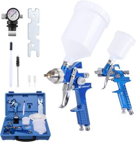 2 Set HVLP Gravity Feed Spray Gun Set with 600CC 125CC Cup Paint Sprayer Airbrush Painting Tool Kit with Copper Nozzle 1.4MM 0.8MM