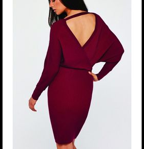 Knit V neck batwing dress, APRICOT