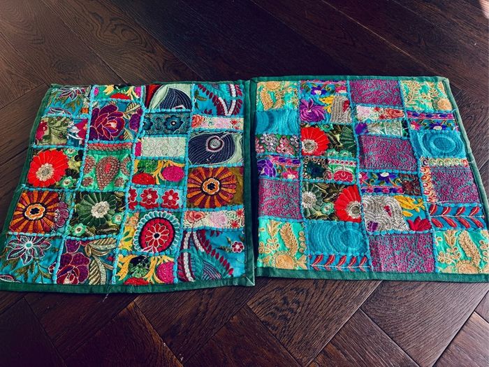 Pair of Handmade Indian Patchwork Embroidered Cushion Covers