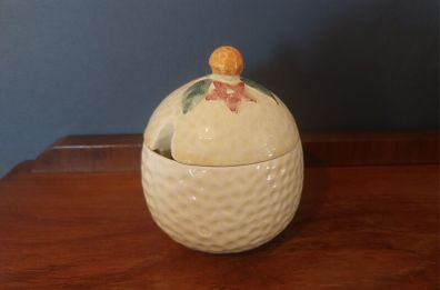 Delightful Lidded Preserve/Marmalade Pot in the Shape of a Juicy Lemon Fruit with a Leafy and Floral decoration and Finial, by Keele Street Pottery Company, Circa 1950, Funky MCM Chic