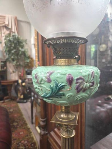 Antique Victorian Corinthian Column Oil Lamp Mint Green Floral Font