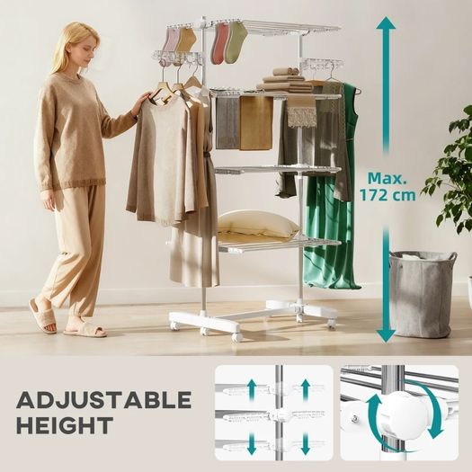 4-Layer Folding Cloth Rail, Adjustable Garment Rack with Wheels for Bedroom, Balcony, Silver