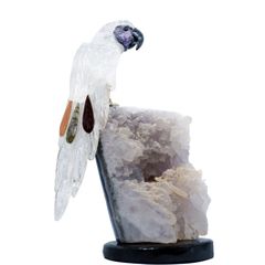 Elegant Crystal Macaw Figurine, Amethyst & Clear Stone, Home Decor Bird Sculpture, Unique Housewarming Gift