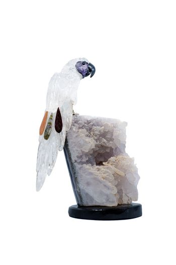 Elegant Crystal Macaw Figurine, Amethyst & Clear Stone, Home Decor Bird Sculpture, Unique Housewarming Gift